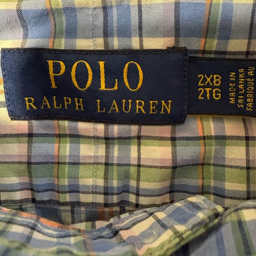 Polo Ralph Lauren Dress Shirt Mens 2XB Blue Green Plaid Button Up Stretch Pony